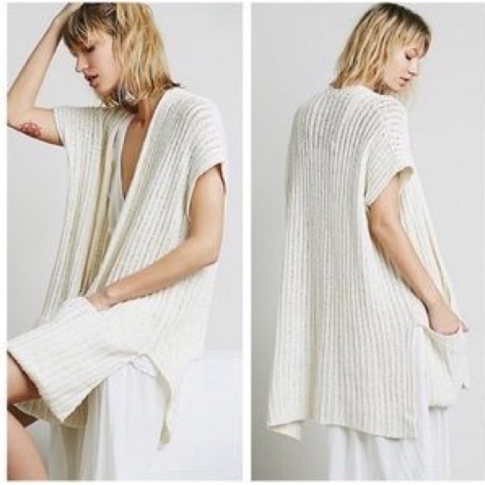 Free People Sloppy Pocket Duster Cardigan Sz S Knit Open Front Ivory Cream Boho